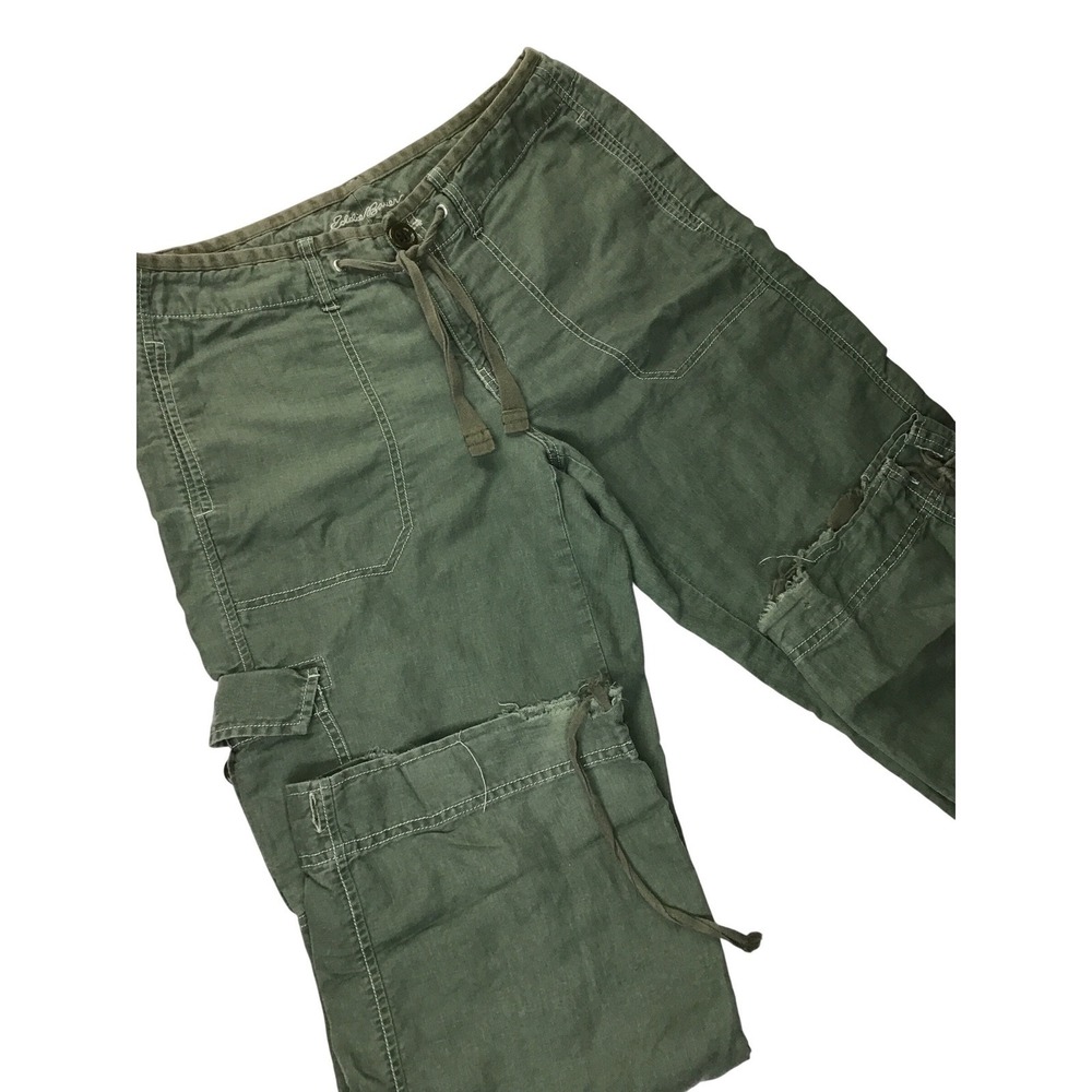 EddieBauer Cargo Pants Women 8P Green Linen Cotton Drawstring Utility Distressed